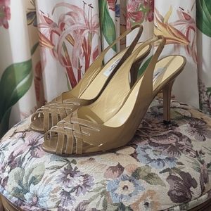 Vintage Saks Fifth Avenue Cappuccino Brown Patent Leather Heels Sandals Sz 9.5